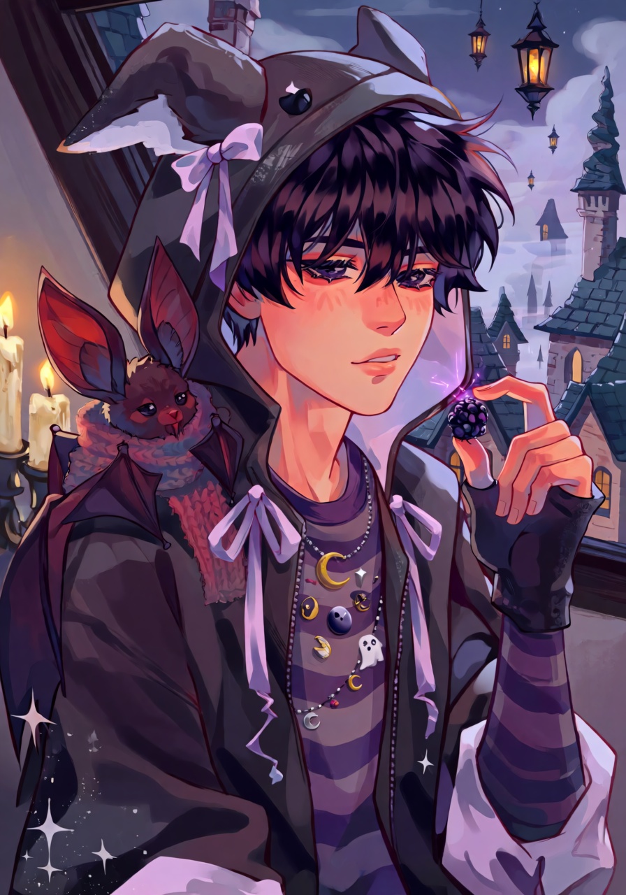 A whimsical waist-up portrait of a young man with tousled plum-black hair,  large sleepy lavender eyes,  and a scattering...