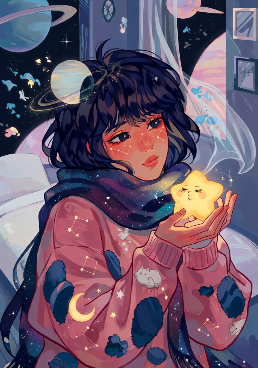 A whimsical waist-up portrait of a young woman with fluffy midnight-blue hair,  large pale-gold eyes,  and tiny constellat...
