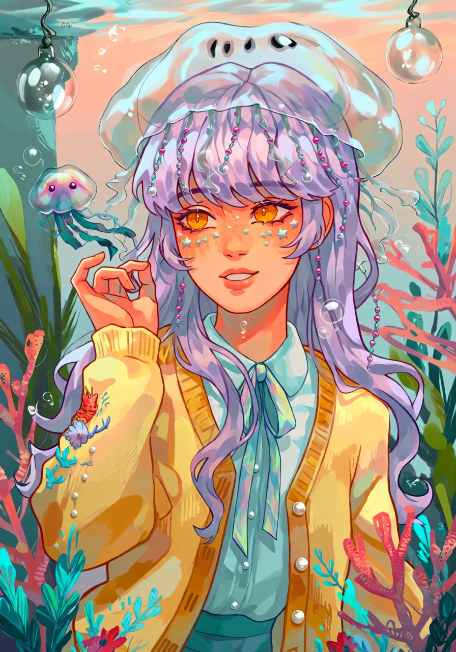 A whimsical waist-up portrait of a young woman with fluffy lavender hair,  soft peach skin,  and enormous amber eyes on Te...