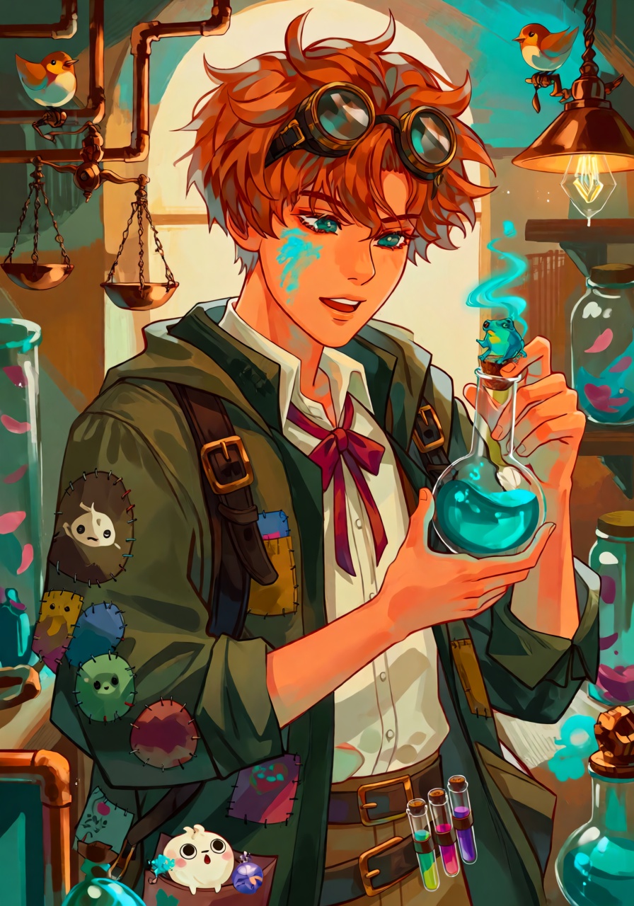 A playful waist-up portrait of a young alchemist with unruly copper hair,  bright green eyes,  and round protective goggle...