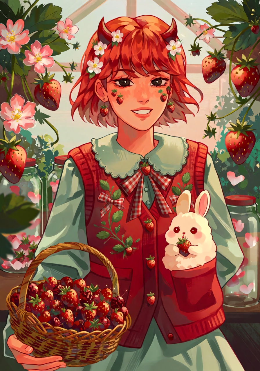 A playful waist-up portrait of a young woman with short strawberry-red hair,  warm brown eyes,  and two tiny curved horns...