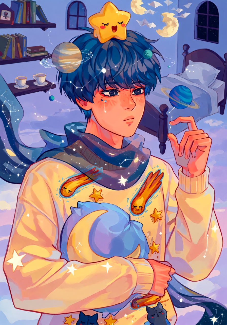 A dreamy waist-up portrait of a young man with fluffy cobalt-blue hair,  bright amber eyes,  and a tiny constellation of f...