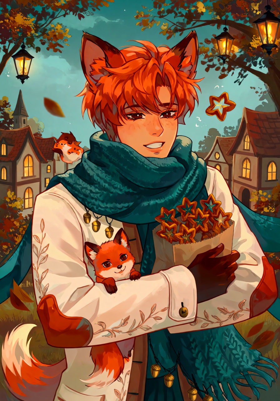 A sweet waist-up portrait of a fox-eared man with fluffy ginger hair,  soft brown eyes,  and a pair of oversized fox ears...