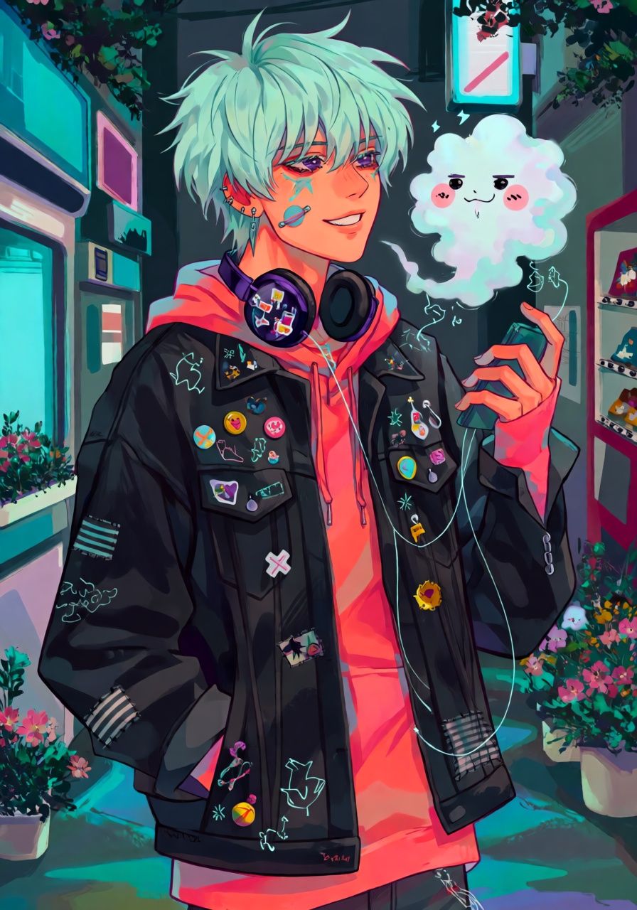 A lively waist-up portrait of a young punk man with messy mint-green hair,  sharp violet eyes,  and a tiny silver star pai...