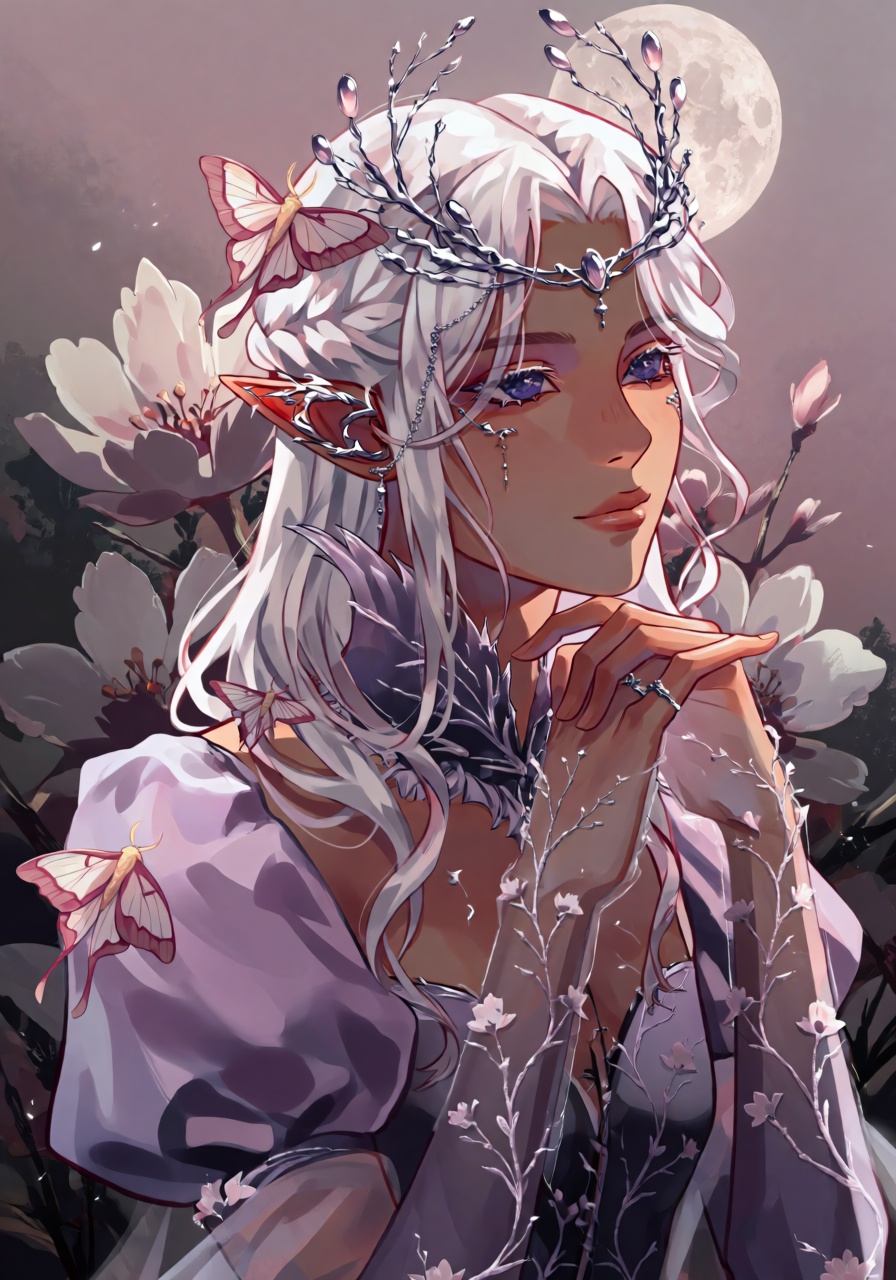 Waist-up portrait of an ethereal elven princess with long silver-white hair styled in loose braids,  delicate pointed ears...