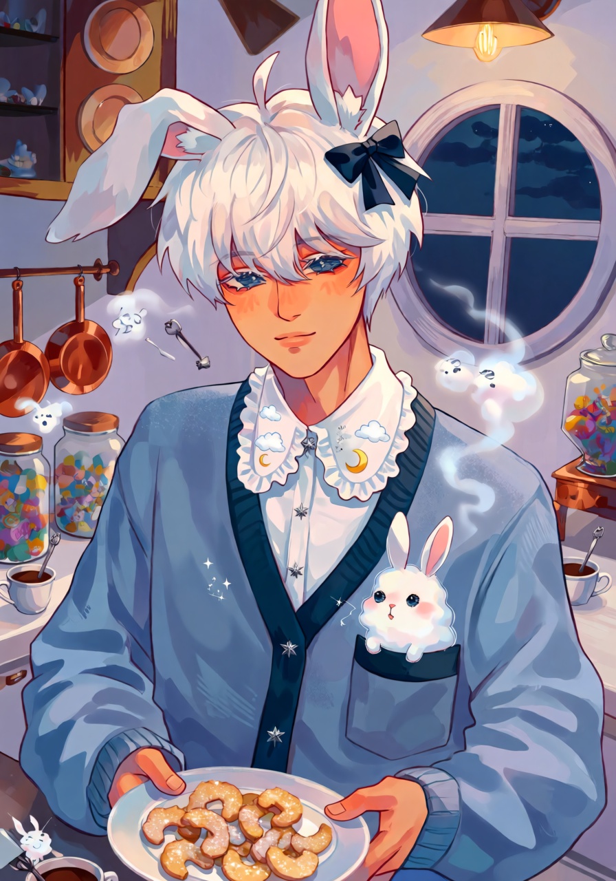 A cozy waist-up portrait of a young rabbit-eared man with fluffy pearl-white hair,  long soft ears tipped with pale gray,...
