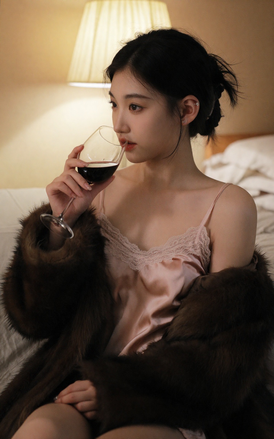 The image is a photograph capturing an elegant,  intimate portrait of a young woman in a dimly lit,  cozy setting. She has...