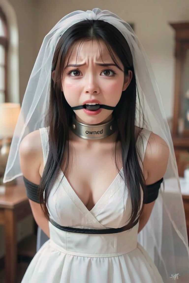 portrait of cute 18 year old asian bride looking at the viewer with a desparate,  pleading look. she has long black hair a...