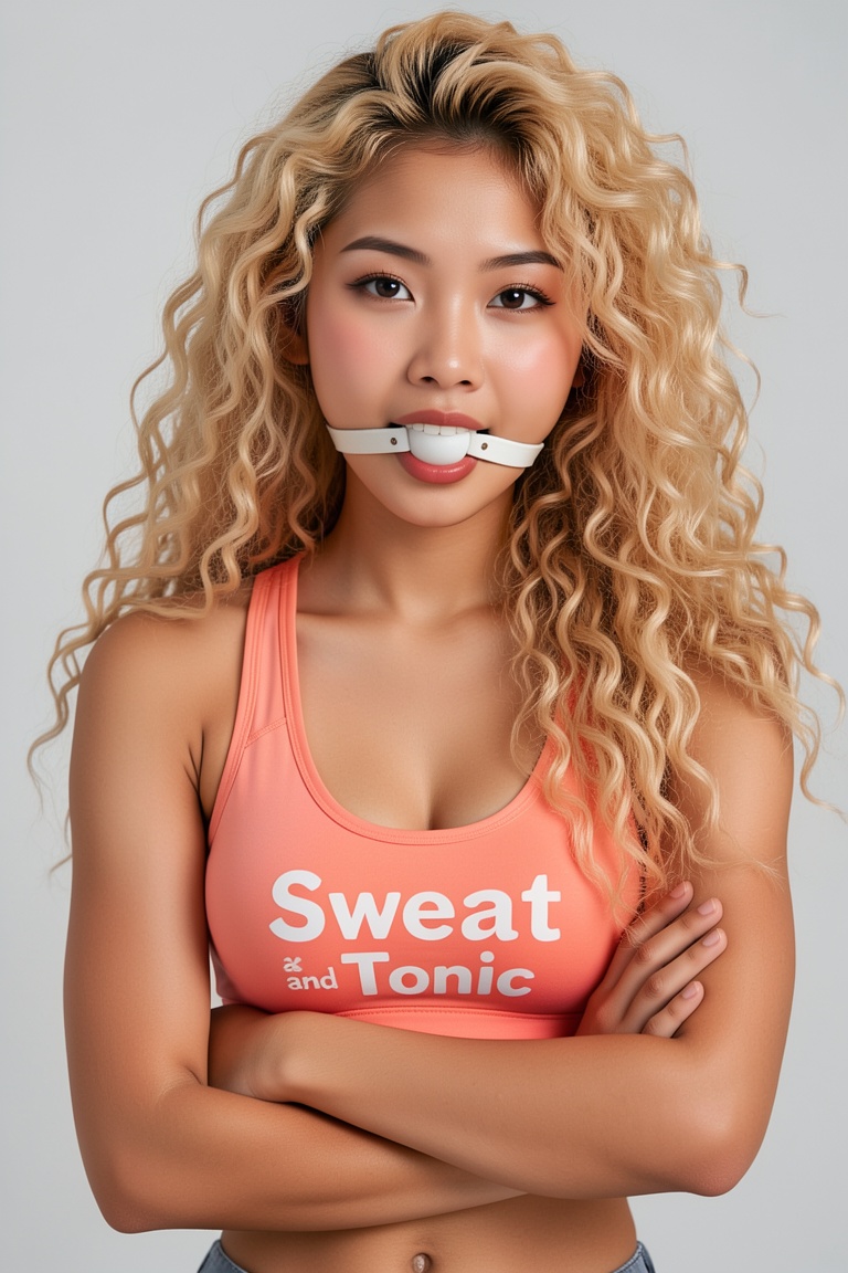 portrait of cute 18 year old asian girl looking at the viewer. she has long curly blond hair and wears coral sports bra wi...