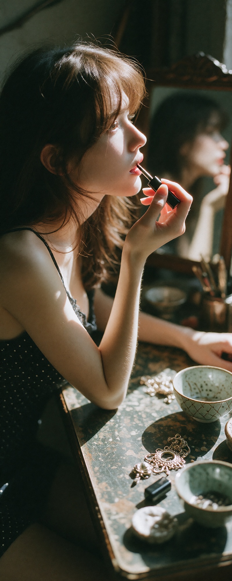 高清写实摄影,  一位大胸部的年轻女性坐在旧梳妆台旁,  抬腿搁在桌面上 on Tensor.Art