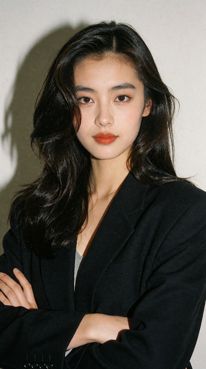 A classic 1990s fashion studio portrait of a captivating young East Asian woman with timeless features,  well-defined stra...