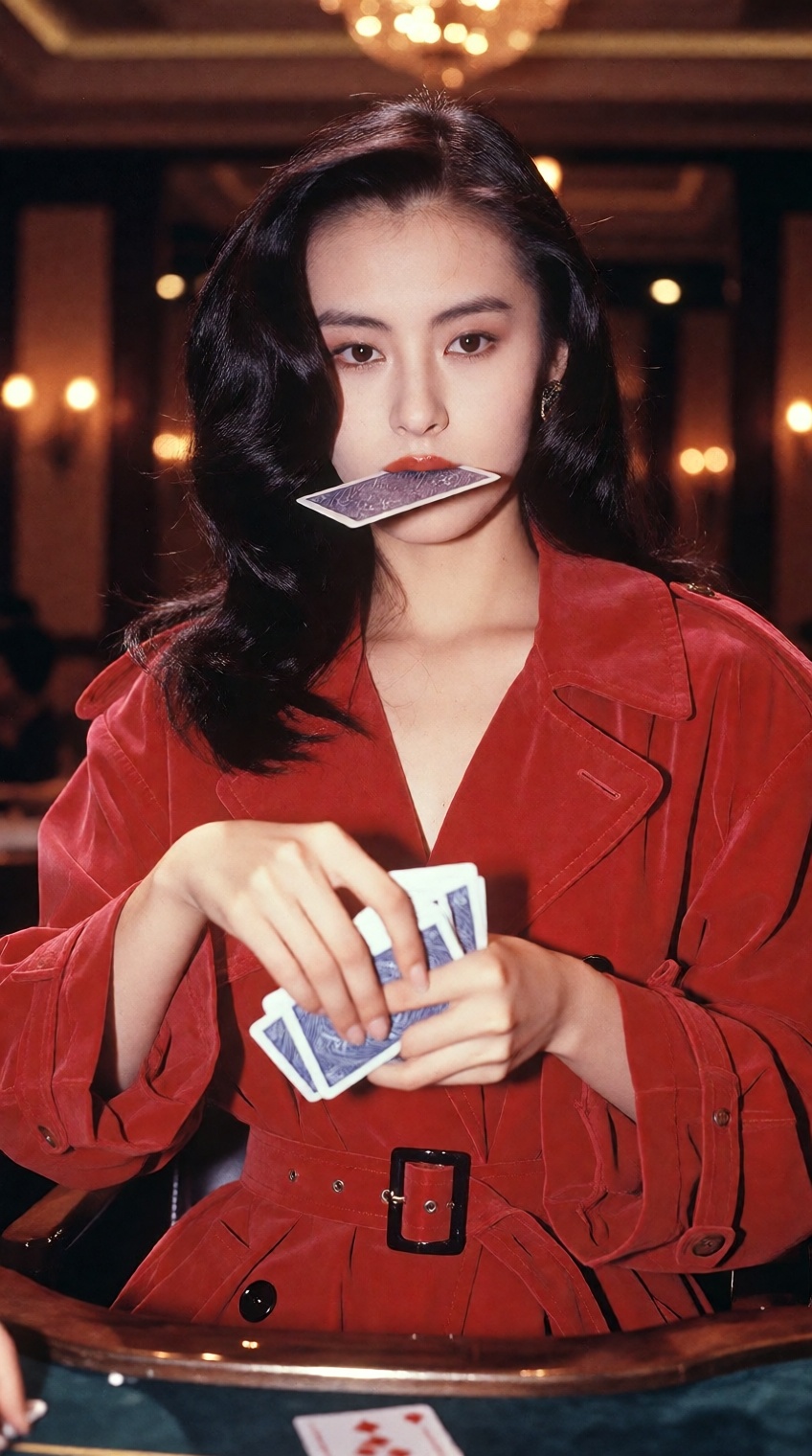 An iconic 1990s Hong Kong cinema film still capturing a glamorous East Asian femme fatale gambler seated in a casino. She...