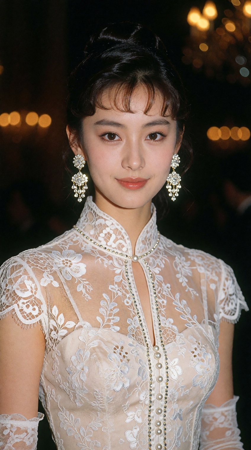 A vintage 1980s celebrity press photograph of a poised young East Asian woman with timeless classic beauty,  radiant porce...