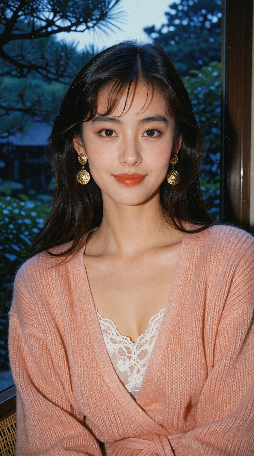 A nostalgic late-1980s magazine portrait of an elegant young East Asian woman with timeless classic beauty,  defined natur...