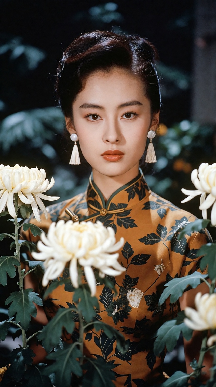 A poetic 1960s Hong Kong cinematic portrait of an elegant East Asian woman gazing pensively off-camera with a melancholic,...