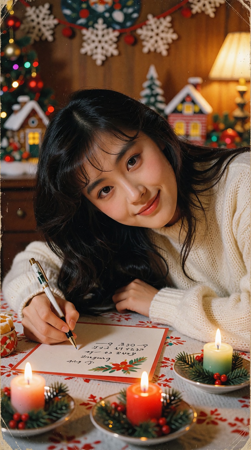 A cozy,  nostalgic 1980s vintage holiday photograph of a radiant young East Asian woman leaning playfully on her elbows ac...