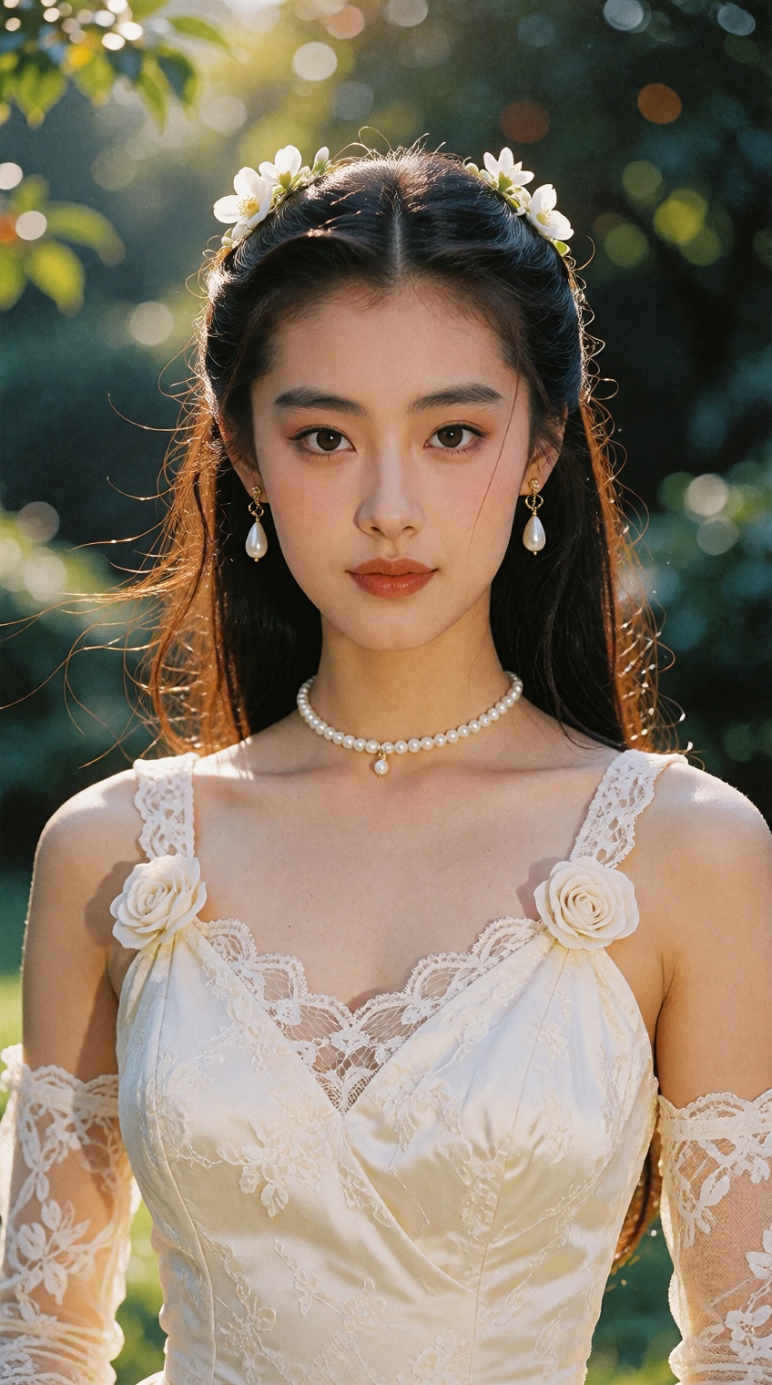 An ethereal,  romantic portrait of a graceful young East Asian woman with timeless 1990s cinema elegance,  characterized b...