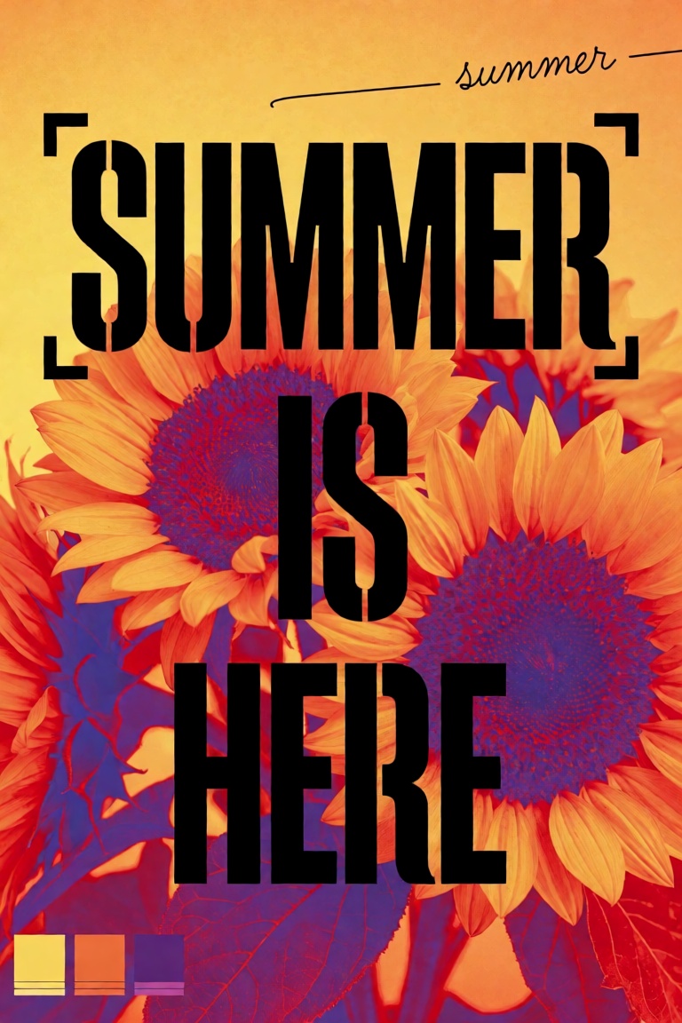 vertical poster,  4:5 yellow-to-orange gradient paper background tri-tone photo of sunflowers in orange,  red and violet o...