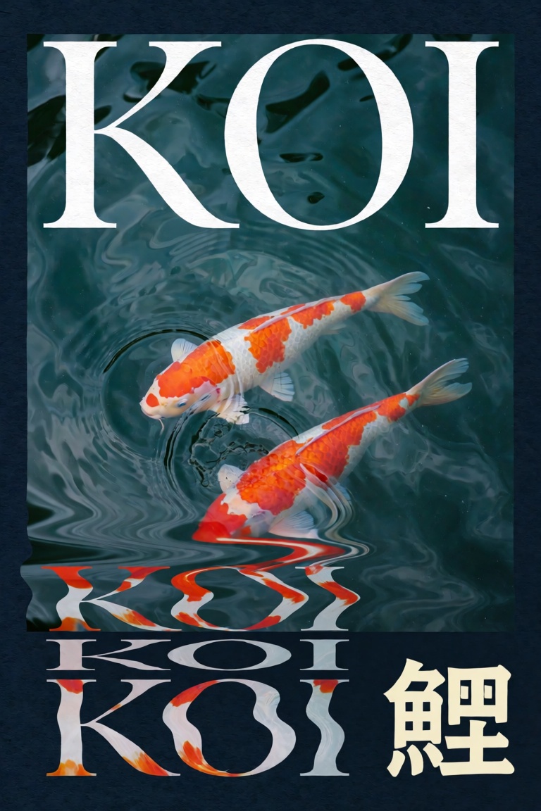 vertical poster,  4:5 aerial photo of dark teal water with two vibrant orange and white koi fish swimming deep navy paper...