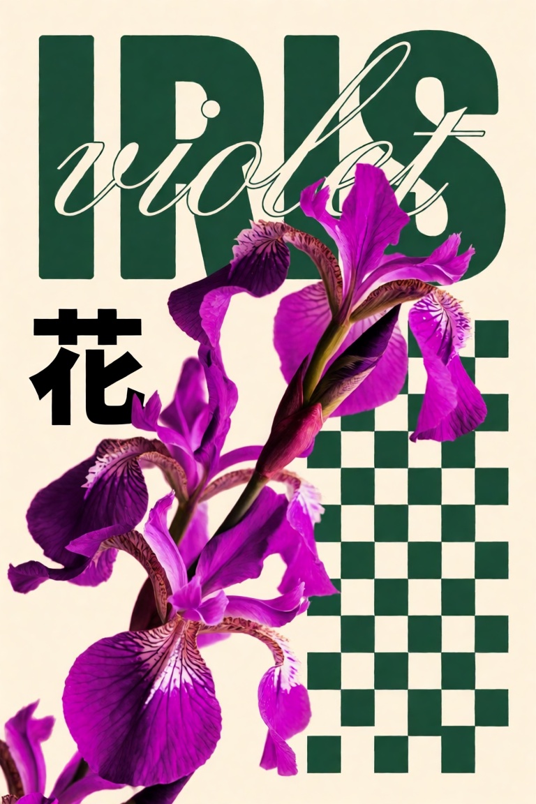 vertical poster,  4:5 warm cream paper background macro photo of a cascading iris stem,  saturated magenta-violet duotone...