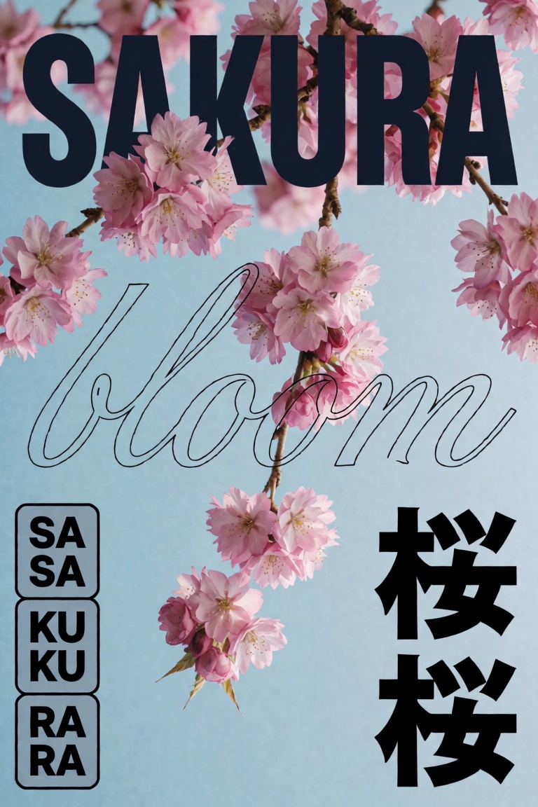vertical poster,  4:5 soft blue paper background macro photo of pink cherry blossom branches spilling down from the top,...