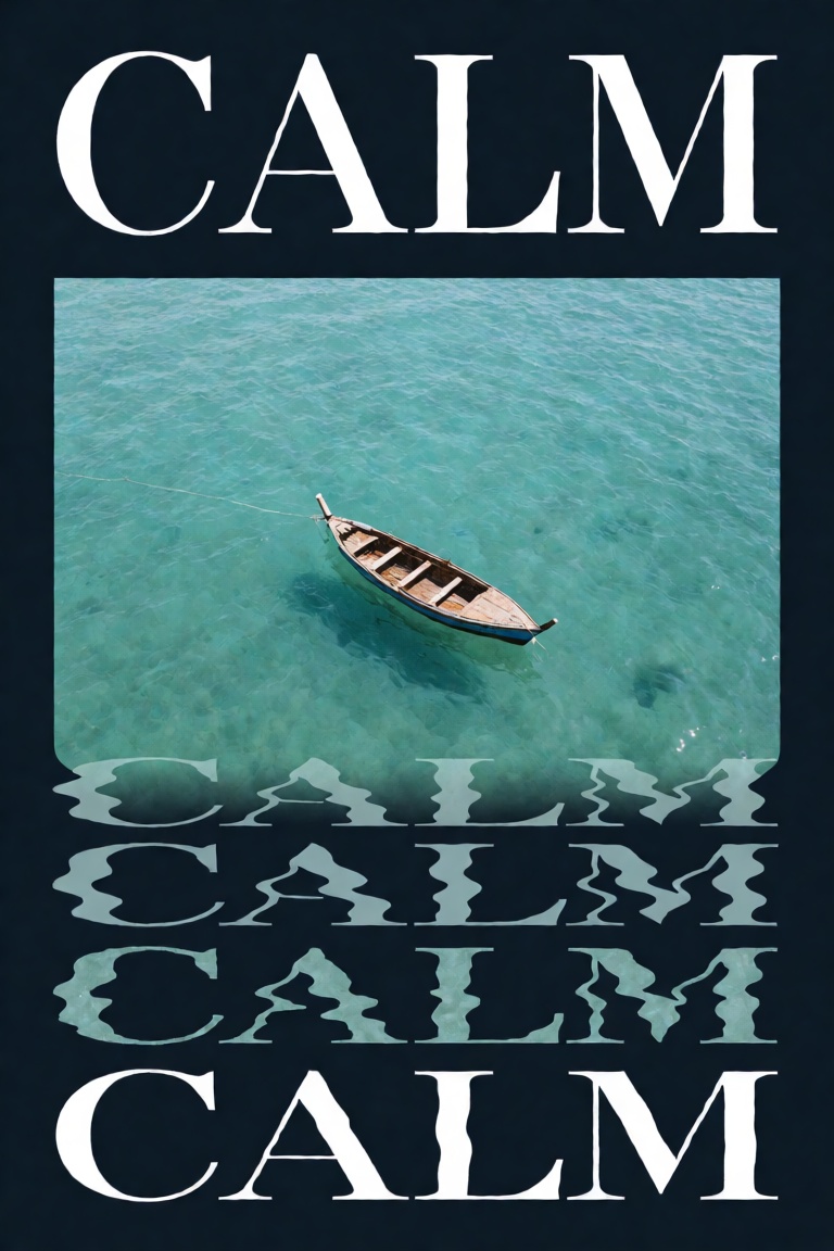 [trigger] vertical poster,  4:5 aerial photo of calm turquoise sea with one long wooden boat deep navy paper border framin...