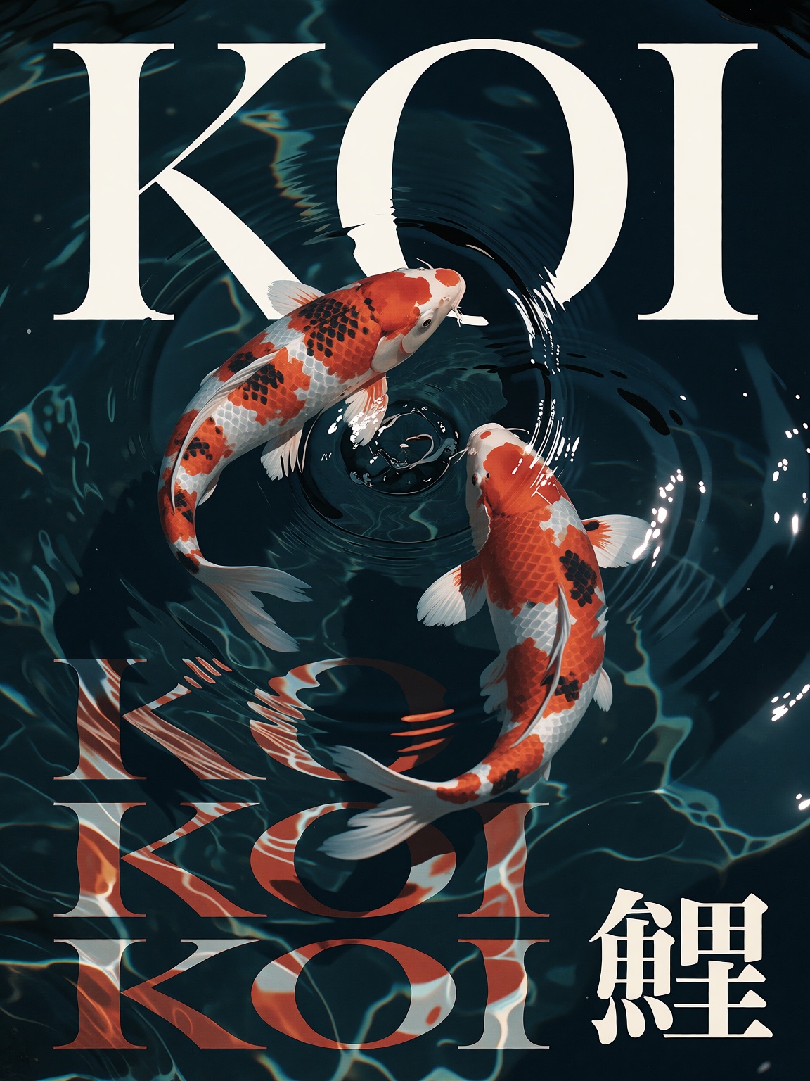 vertical poster,  4:5 aerial photo of dark teal water with two vibrant orange and white koi fish swimming deep navy paper...