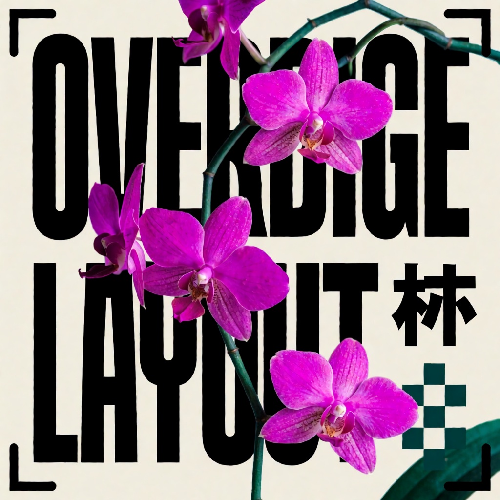 vertical poster,  4:5 stark cream paper background macro photo of a wild,  sprawling orchid vine with bursting neon-magent...