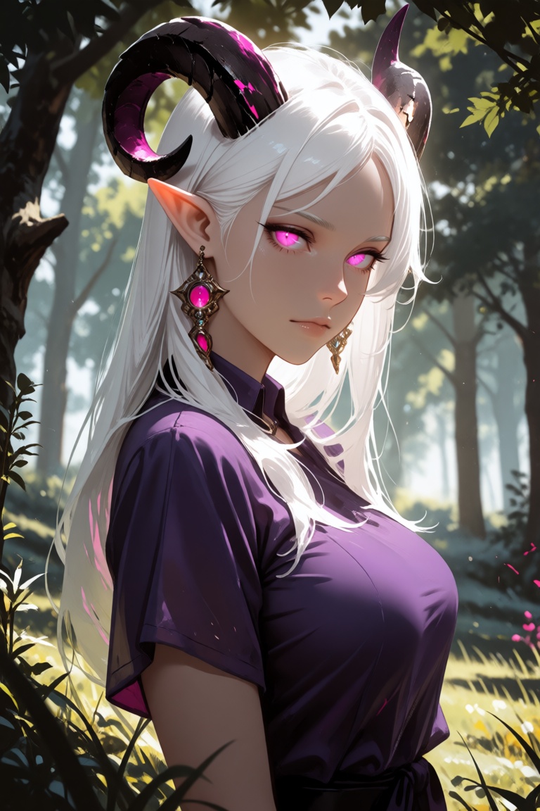 this is a digital artwork in a semi-realistic anime style,  it features a female demon character with long,  white hair on...