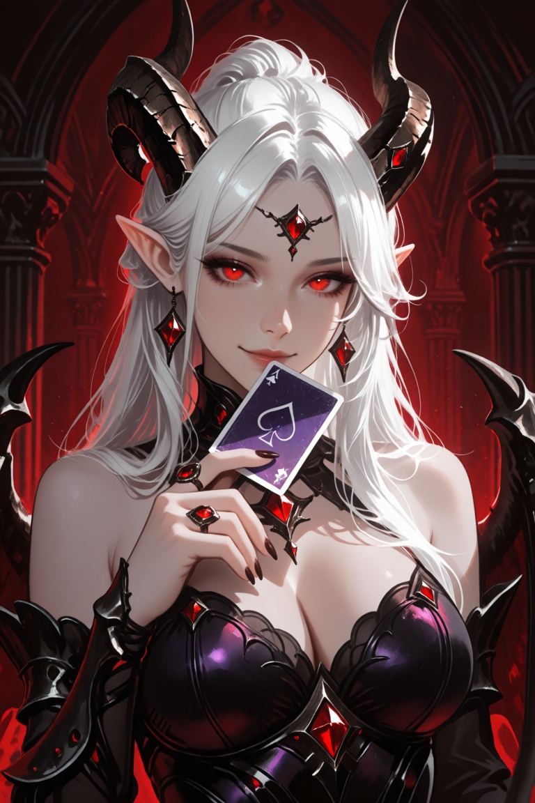 this digital artwork depicts a beautiful,  seductive demoness with long,  silver-white hair on Tensor.Art