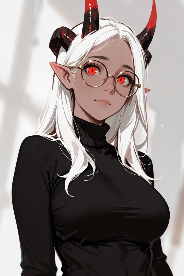 this is a digital illustration of a female demon character with light beige skin,  long white hair,  and striking red eyes...