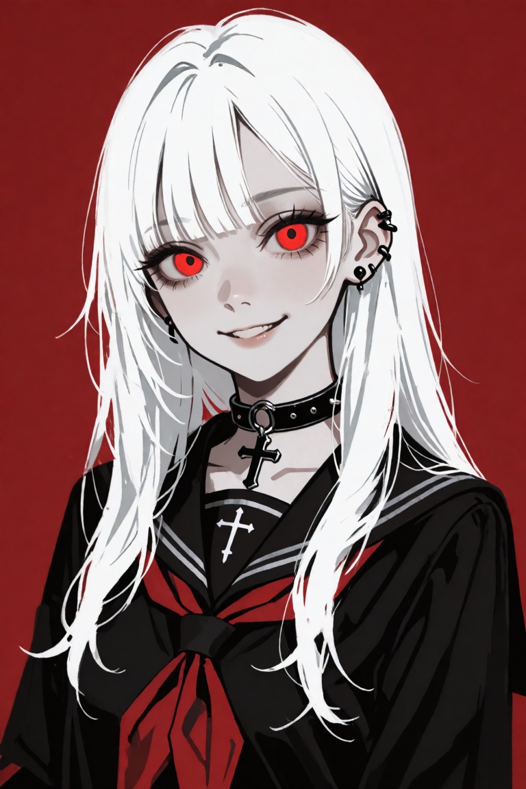 this digital anime-style drawing features a pale-skinned,  white-haired girl with striking red eyes and a slightly mischie...