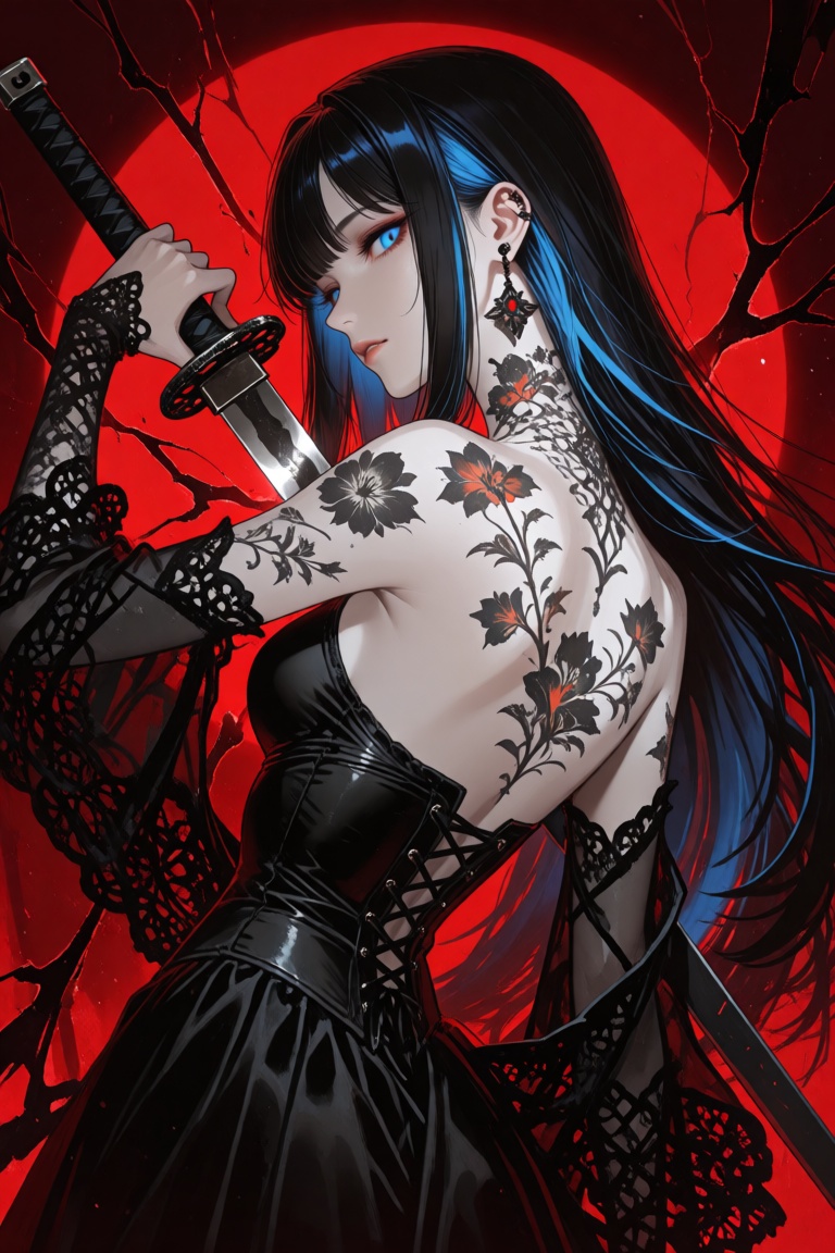 this is a digital illustration in an anime style featuring a pale-skinned,  slender woman with long,  black hair streaked...
