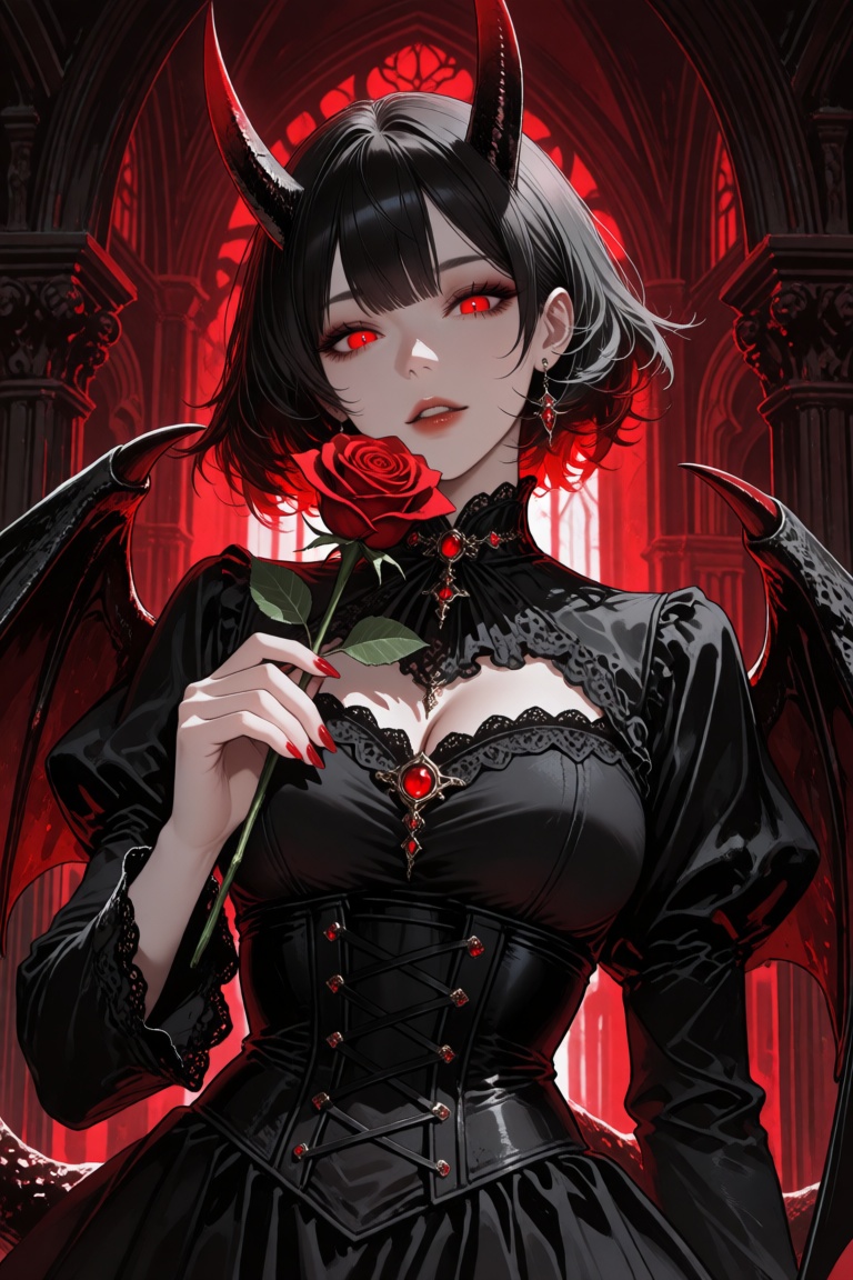 this is a highly detailed digital illustration of a demonic woman with pale skin and striking red eyes,  set against a got...
