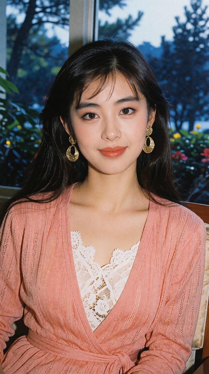 A nostalgic late-1980s magazine portrait of an elegant young East Asian woman with timeless classic beauty,  defined natur...