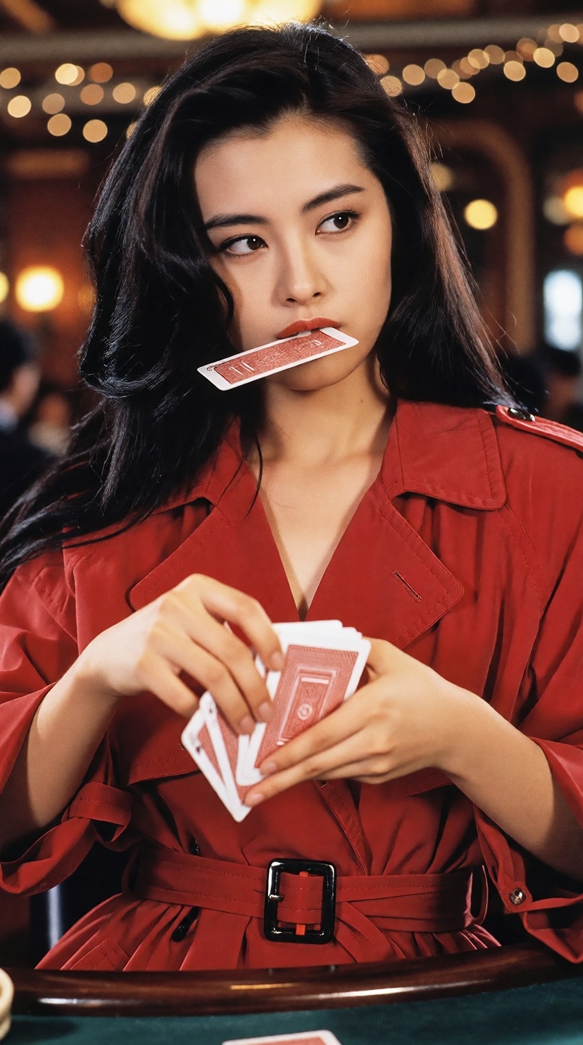 An iconic 1990s Hong Kong cinema film still capturing a glamorous East Asian femme fatale gambler seated in a casino. She...