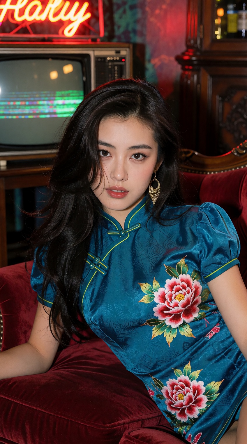 A moody,  neo-noir cinematic portrait of an alluring young East Asian woman reclining gracefully on a plush crimson-red ve...