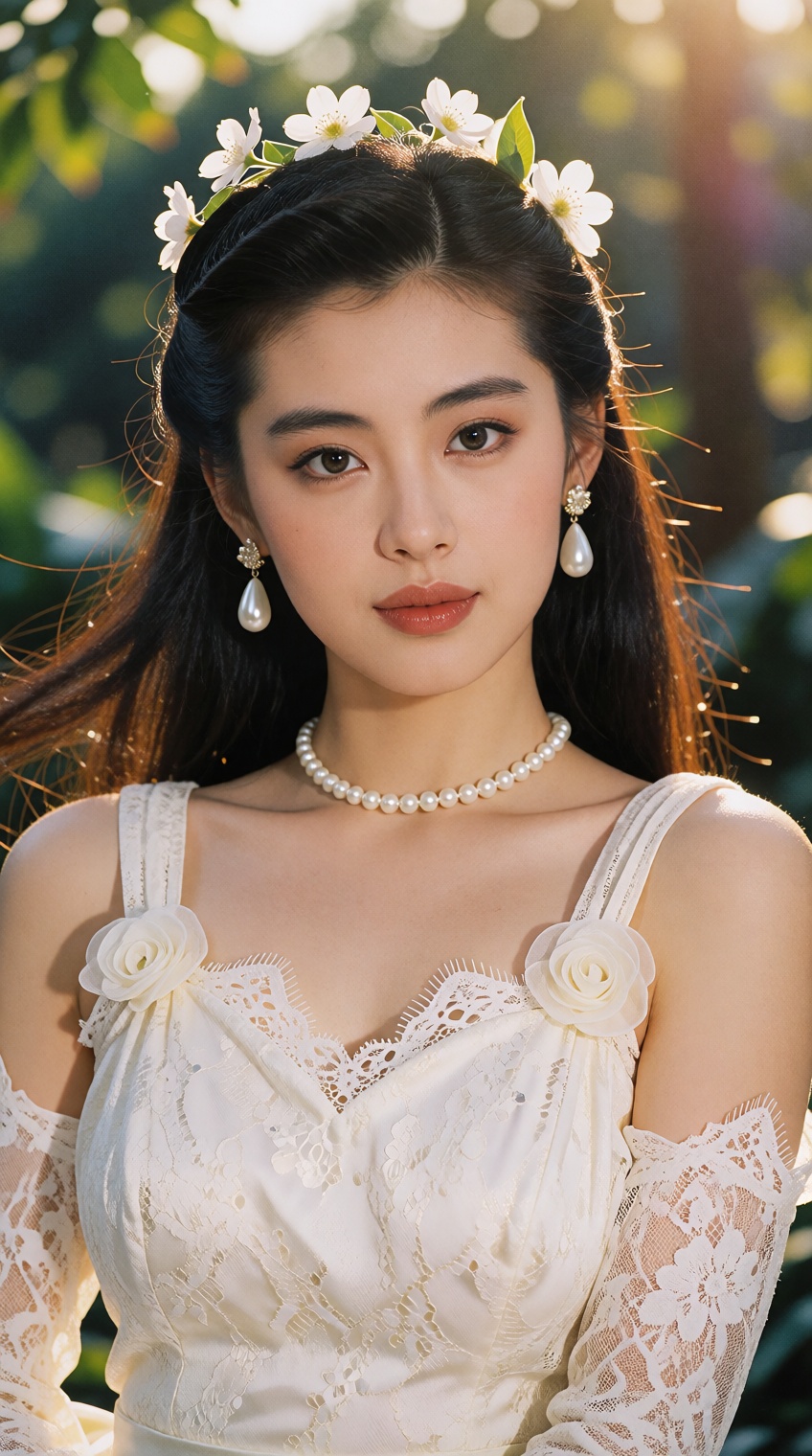 An ethereal,  romantic portrait of a graceful young East Asian woman with timeless 1990s cinema elegance,  characterized b...