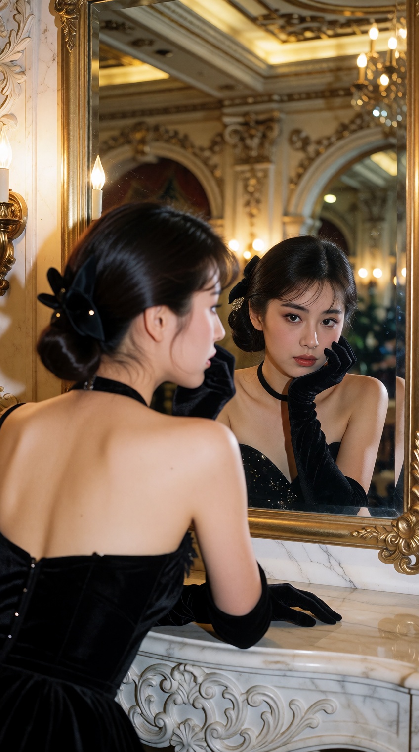 A vintage 1980s cinematic over-the-shoulder mirror portrait of an elegant young East Asian woman leaning against a white m...