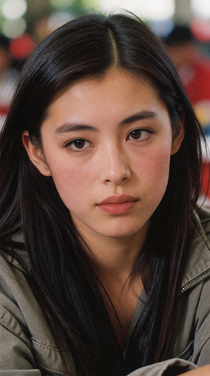 A young woman with long,  straight black hair parted down the middle fills the frame,  her gaze directed slightly off to t...