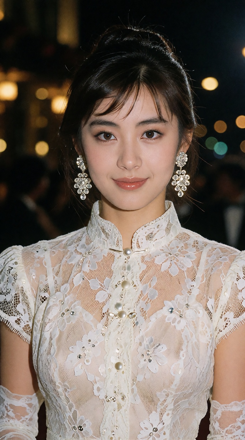 A vintage 1980s celebrity press photograph of a poised young East Asian woman with timeless classic beauty,  radiant porce...