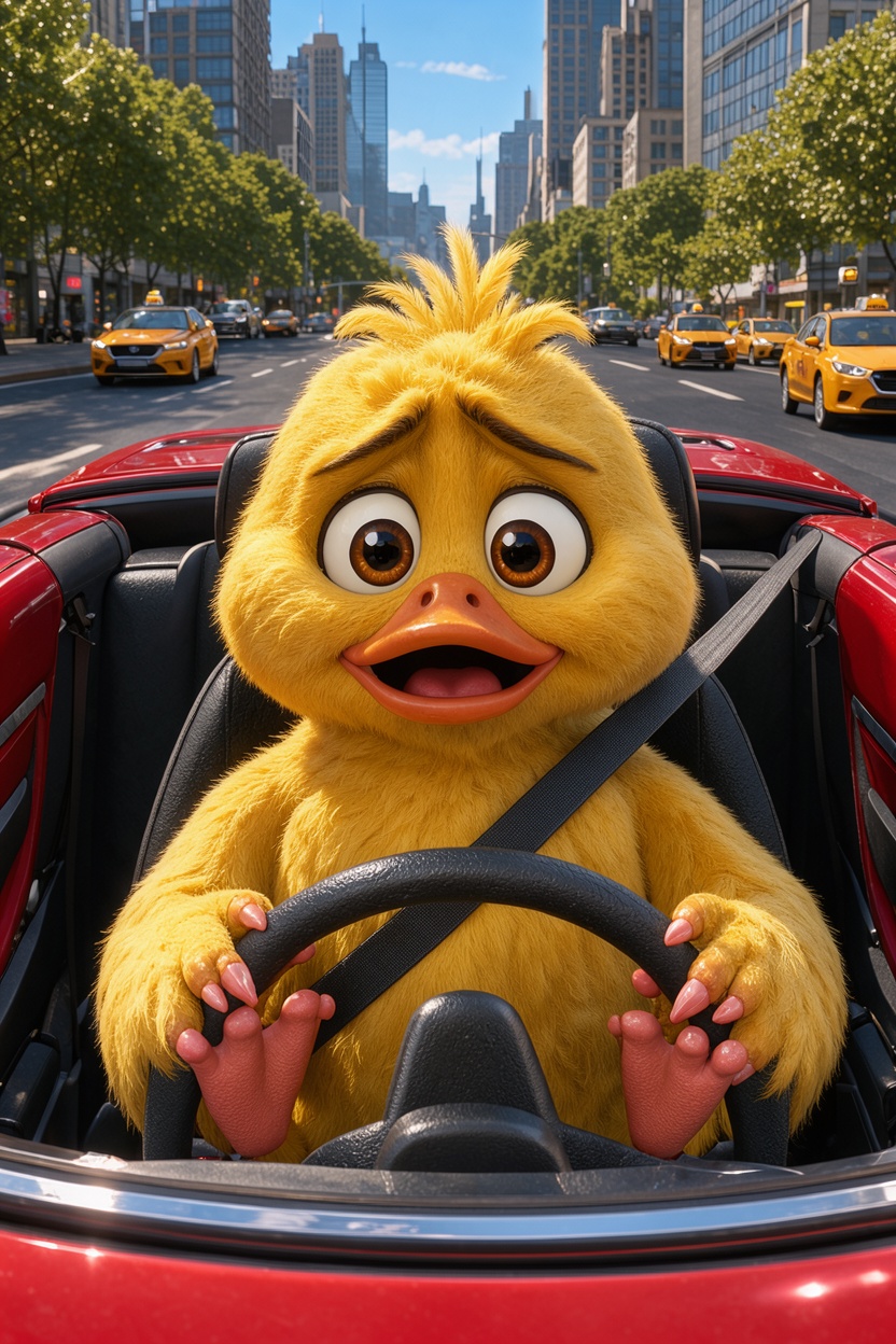 A cute,  fluffy yellow duck with soft voluminous feathers sitting in the driver's seat of a red convertible car. The duck...