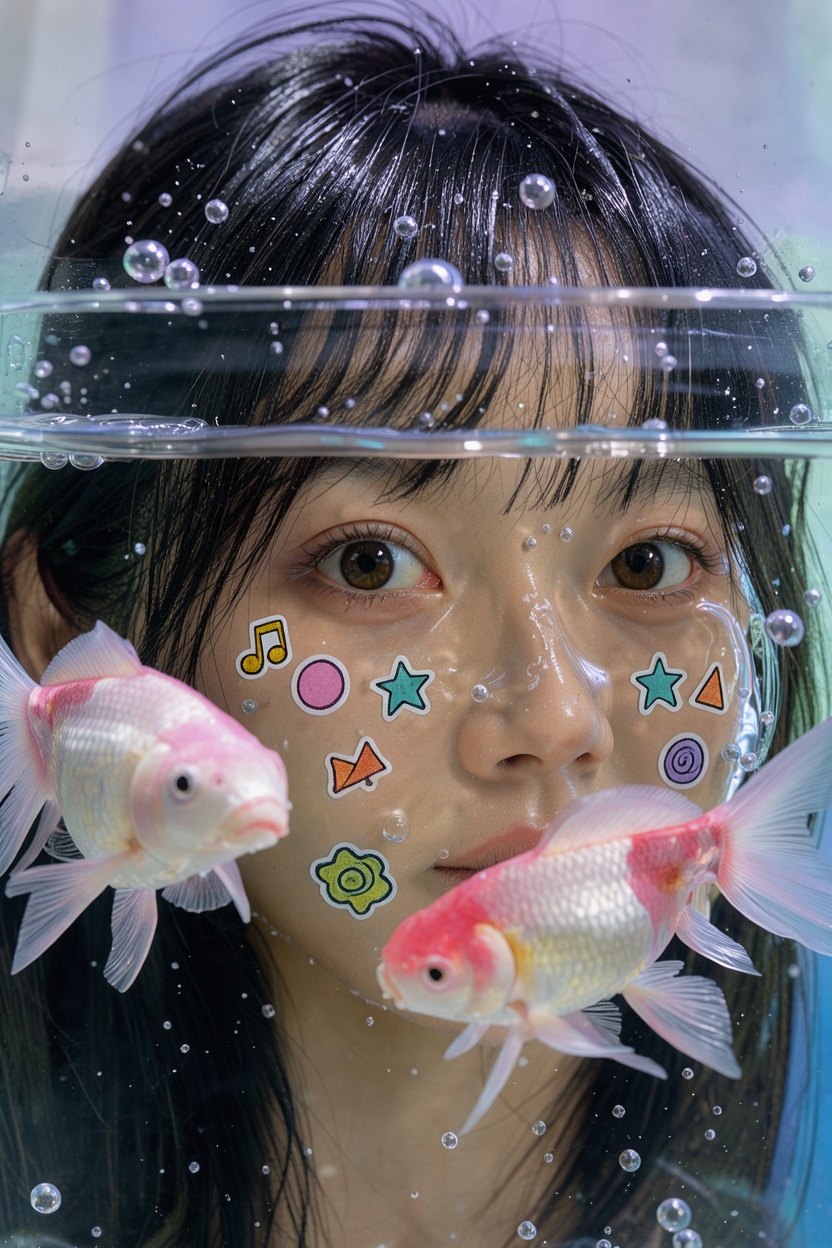 A creative close-up portrait of a young Asian woman with dark hair and bangs,  looking through a glass water ****. Her fac...