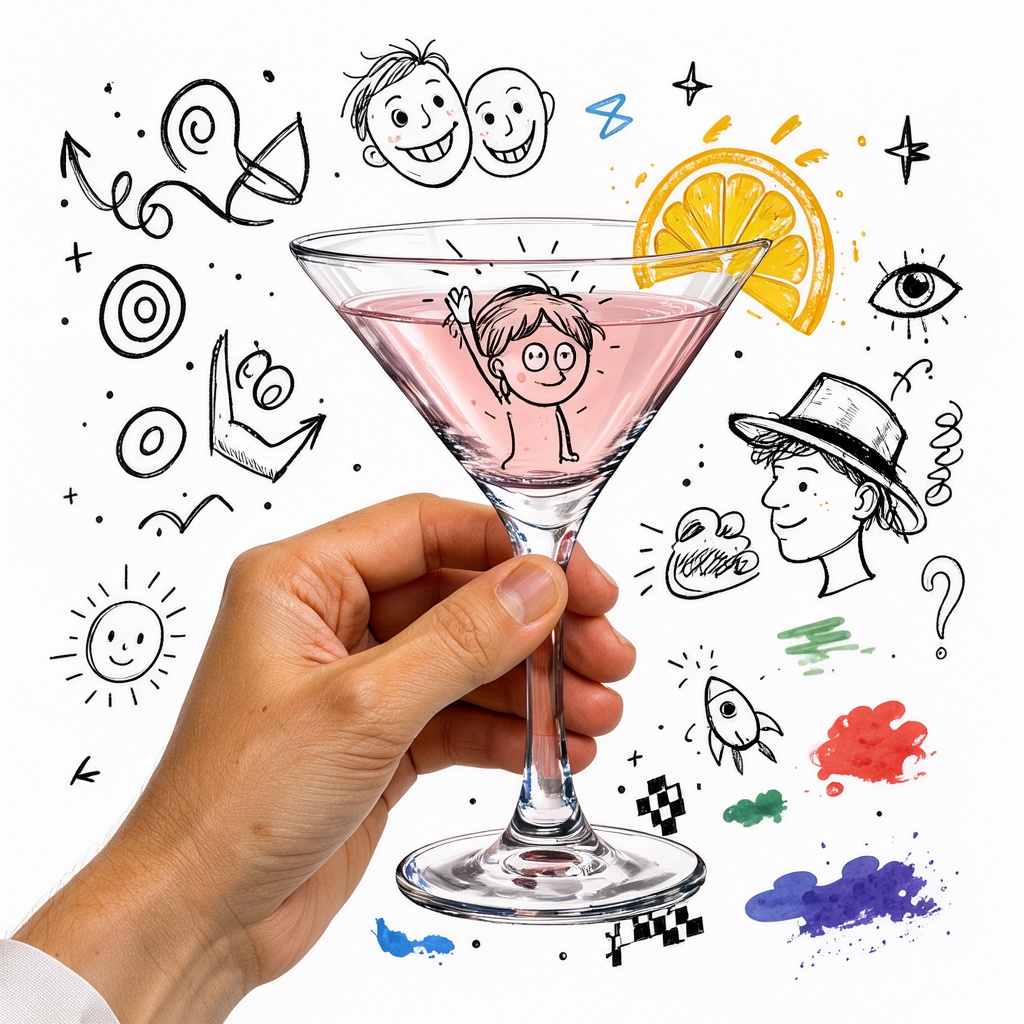A high-resolution,  surreal digital illustration showing a human hand holding a martini glass. The image is overlaid with...