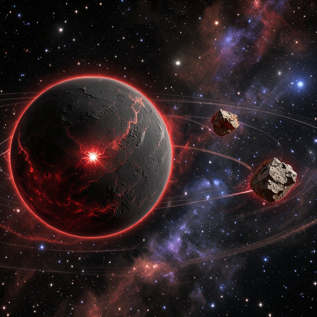 A highly detailed and realistic depiction of a cosmic scene featuring planets and asteroids in outer space,  shot from a d...