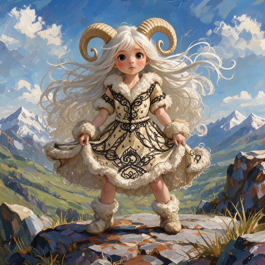 The image depicts a fantastical cute young woman resembling a ram or shepherdess with large,  spiraled horns and long,  fl...