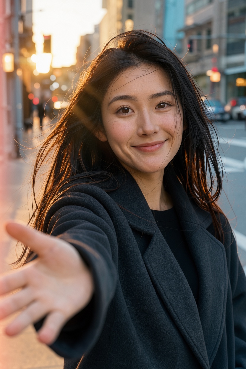 Ultra-realistic cinematic portrait of a beautiful young Asian woman softly smiling while looking back at the camera,  reac...