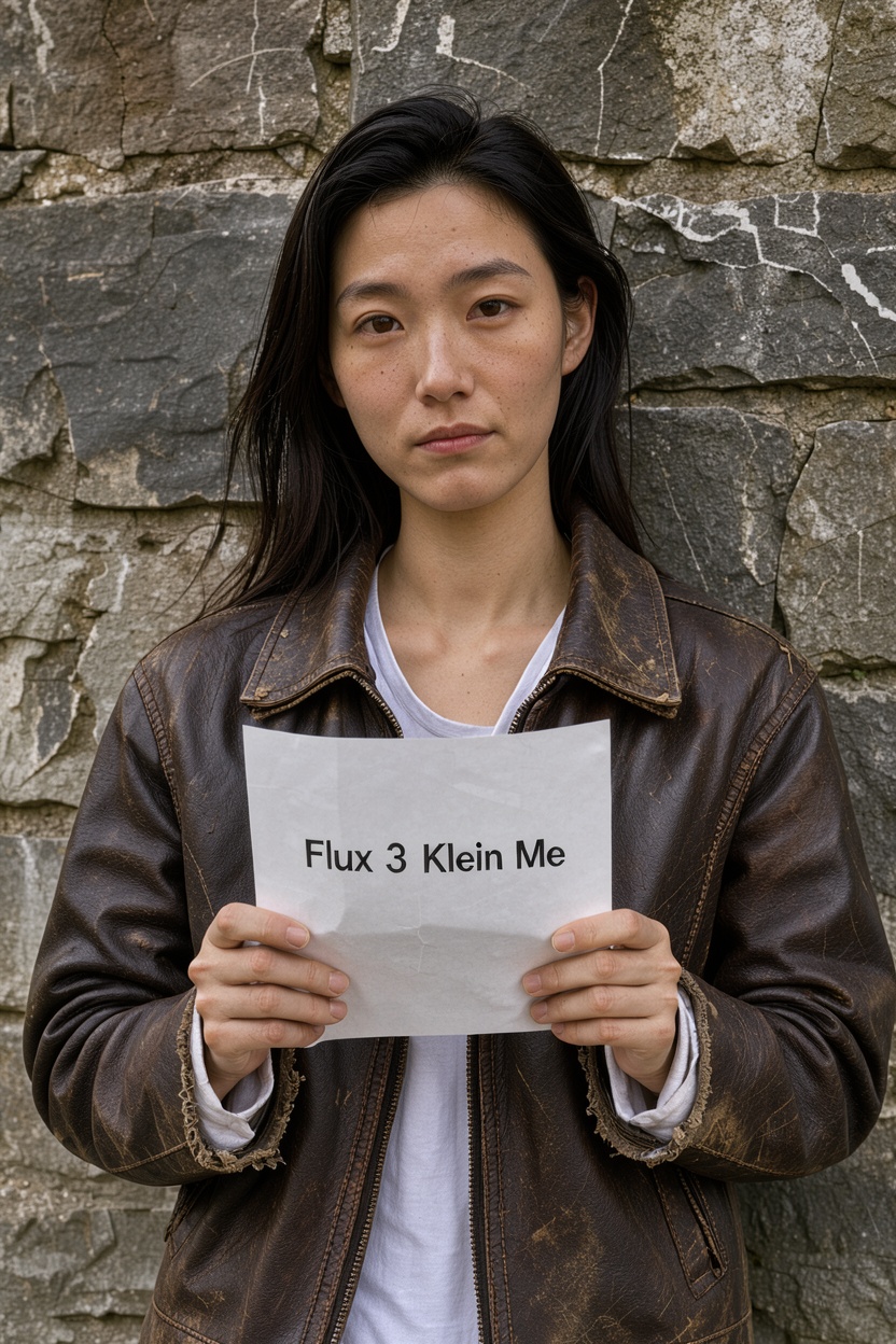 A medium shot of a beautiful East Asian woman in a distressed leather jacket,  holding a piece of white paper with the tex...