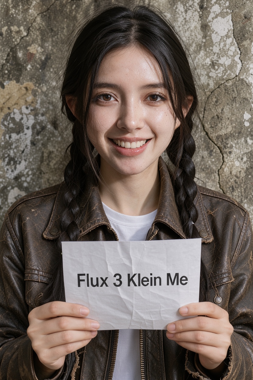 A medium shot of a beautiful East Asian woman in a distressed leather jacket,  holding a piece of white paper with the tex...