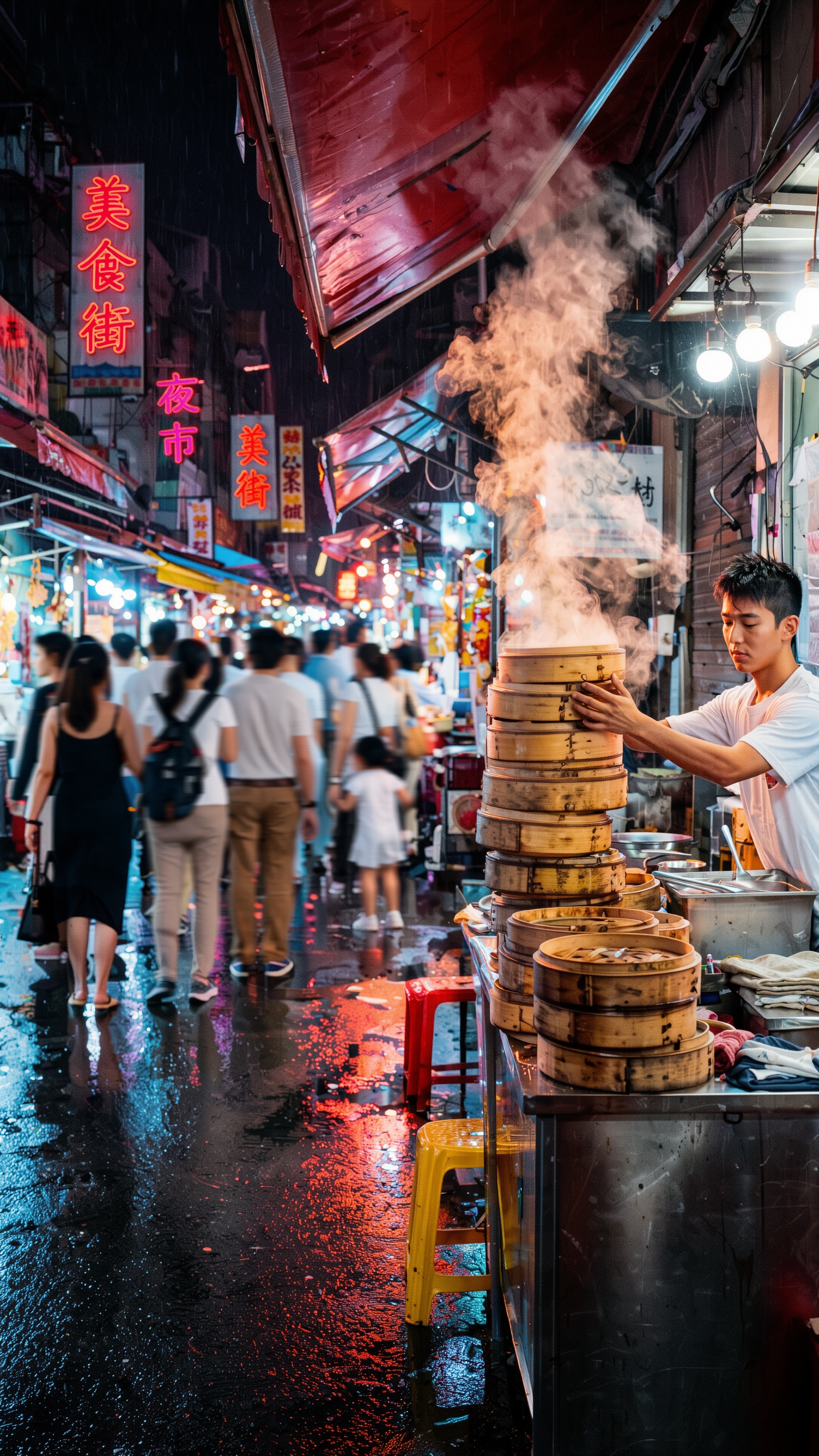 Candid documentary photograph of a bustling Asian night market street after rain,  shallow depth of field,  35mm. Right fo...